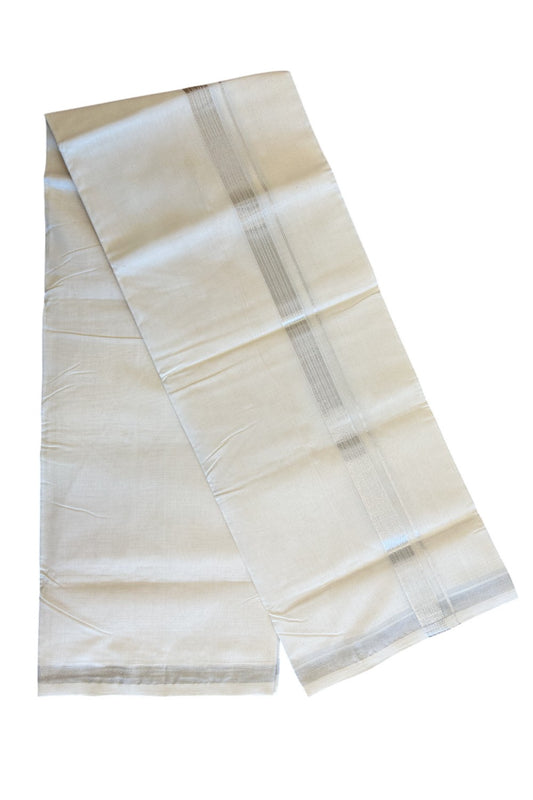 30% DISCOUNT ! KaithariKada HANDLOOM Millpaav Balaramapuram - 100% PURE Cotton Off White - (Unbleached) Double Mundu/Dhoti - Silver KASAVU Stripes Design-6KK43RAN.