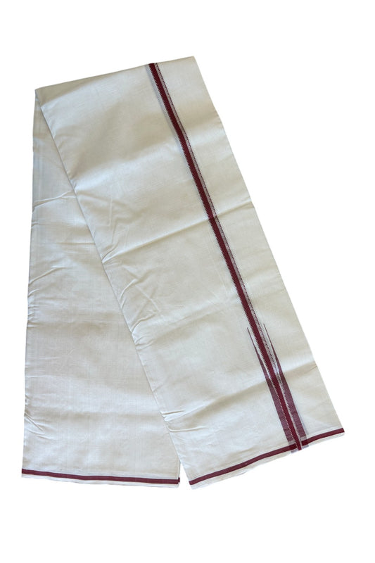 30% DISCOUNT!! KaithariKada HANDLOOM Unakkupaavu Balaramapuram - 100% PURE Cotton OFF White - (Unbleached) Double Mundu/Dothi - Silver Kasavu & Maroon puliyilakkara chutty- 5KK506RAM