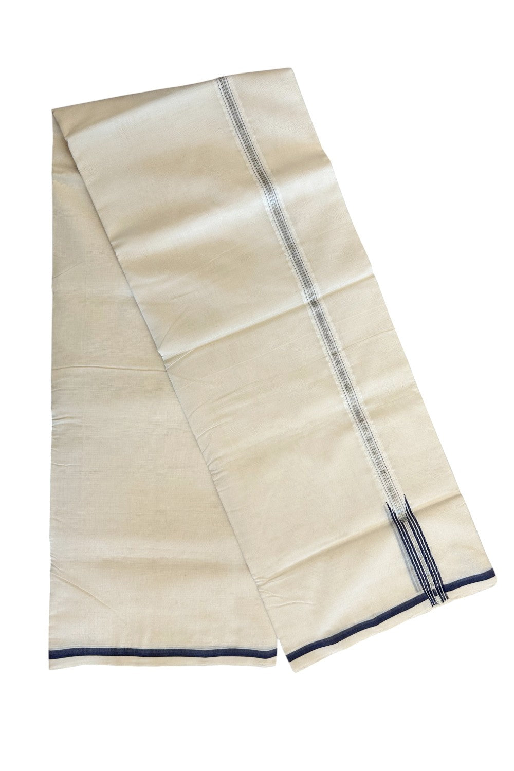 30% DISCOUNT!! KaithariKada HANDLOOM Unakkupaavu Balaramapuram - 100% PURE Cotton OFF White (Unbleached) Double Mundu/Dothi - Silver Kasavu & Navy Blue stripes puliyilakkara chutty-7KK403RAM