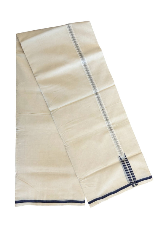 30% DISCOUNT!! KaithariKada HANDLOOM Unakkupaavu Balaramapuram - 100% PURE Cotton OFF White (Unbleached) Double Mundu/Dothi - Silver Kasavu & Navy Blue stripes puliyilakkara chutty-7KK403RAM