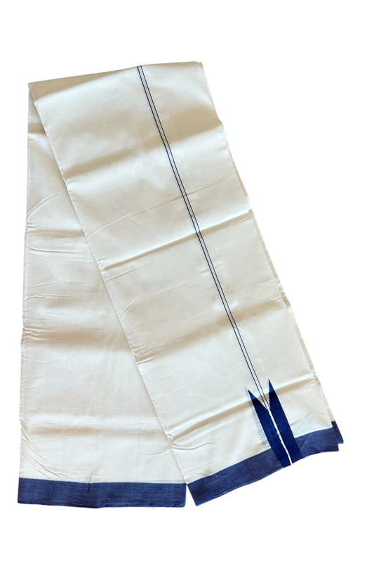 30% DISCOUNT!! KaithariKada BALARAMAPURAM HANDLOOM Unakkupaav - 100% PURE Cotton 100x100 Double Mundu/Dhoti OFF WHITE (Unbleached) - 1.5 inch PULIYILAKKARA Silver Kasavu & Navy Blue Big Chutty KARA - 5KK5089YAR