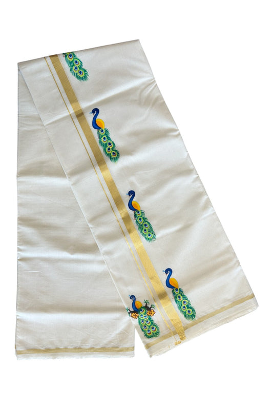 30% Discount!! KaithariKada HANDLOOM Millpaav Balaramapuram - 100% PURE Cotton OFF White - (Unbleached) Double Mundu/Dothi - 1 Inch Kasavu kara Hand Painted Peacock Design - 5KK5091RAM