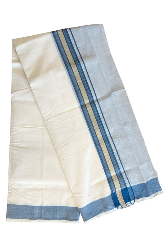 30% DISCOUNT! KaithariKada HANDLOOM Millpaav Balaramapuram - 100% PURE Cotton Off White (Unbleached) -  Double Mundu/Dhoti - 7 inch Gold Kasavu & Blue Half Tissue Kara- 5KK5105RAM