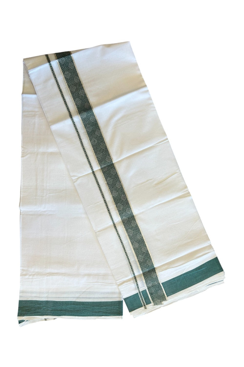20% DISCOUNT! KaithariKada Balaramapuram 100% Cotton Double PURE white Mundu/Dhoti - 100x80 - 2 Inch Silver kasavu & Green jacquard pattern Kara - 5KK5118PMC