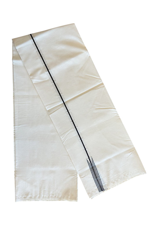 31% DISCOUNT ! KaithariKada Balaramapuram 100% COTTON SINGLE OFF WHITE (Unbleached) Mundu/Dhoti-100X100- 1 Inch 6 Line Puliyilakkara Silver Kasavu & Black Chutty (2 meter / 4 muzham) - 5KK5120ASH