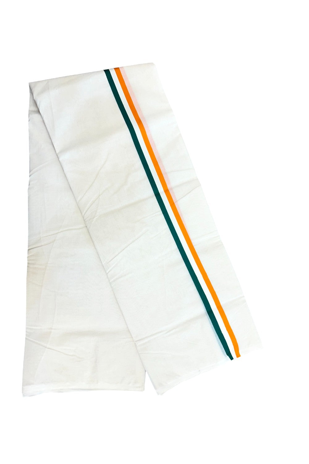 CONGRESS VESHTI - 41% DISCOUNT! KaithariKada 100% Cotton off white Double - (Unbleached) Mundu/Dhoti - 100X80 - 1 inch Orange White & Green Kara - 5KK5145ASH