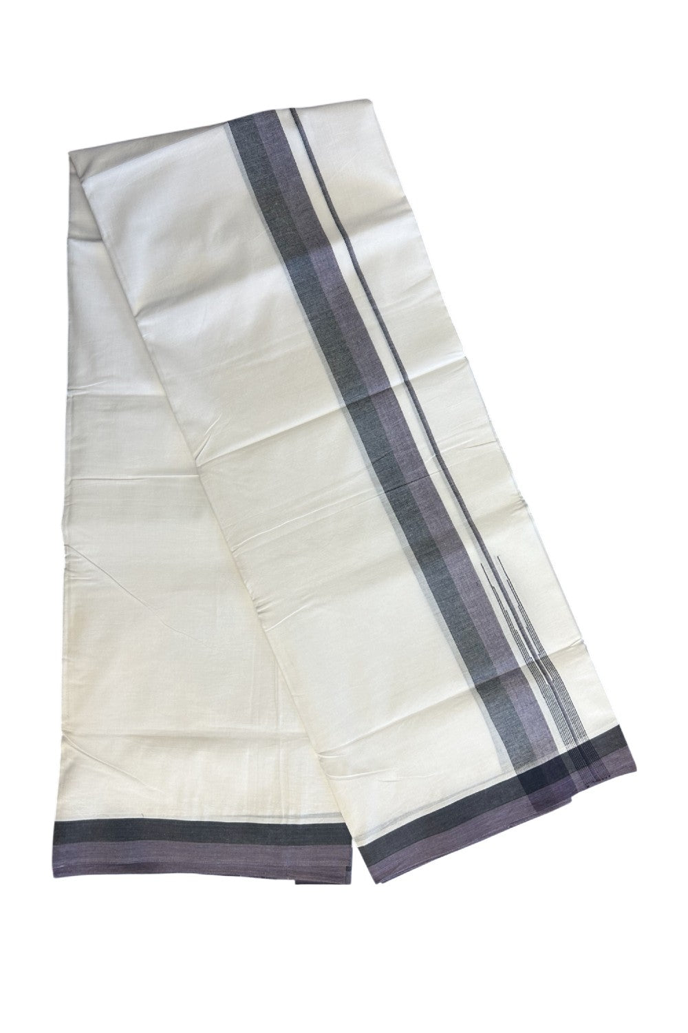 20% Discount!!! KaithariKada Balaramapuram  Double PURE WHITE Mundu/Dhoti - 80X90 - 1.75 inch Black & Matte Purple shade puliyilakkara striped chutty - 4KK5146GUN