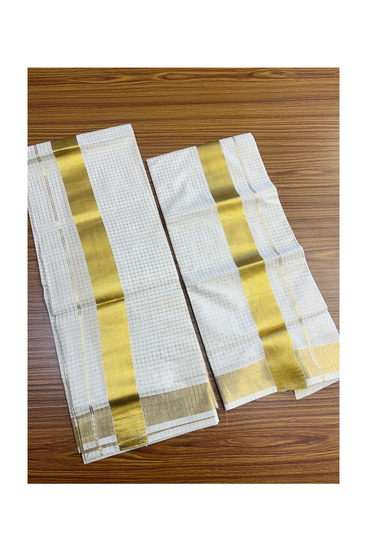25% Discount!! KaithariKada - Kerala Pure Cotton OFF WHITE Single Set Mundu - EXTRA LENGTH -  Check Gold Kasavu Big Kara - 5KK5152PMC