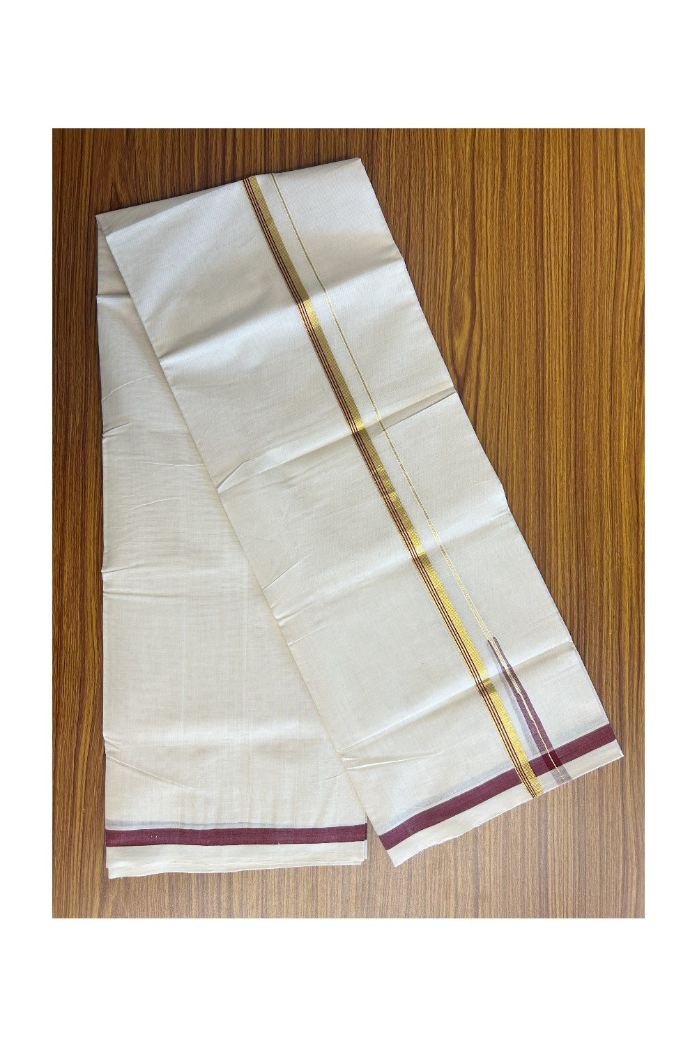 30% DISCOUNT!! KaithariKada HANDLOOM Millpaav Balaramapuram - 100% PURE Cotton OFF White Double- (Unbleached) Mundu/Dothi - 0.5 inch Puliyilakkara side stripes MAROON & Gold kasav chutty Kara - 5KK5156YAR