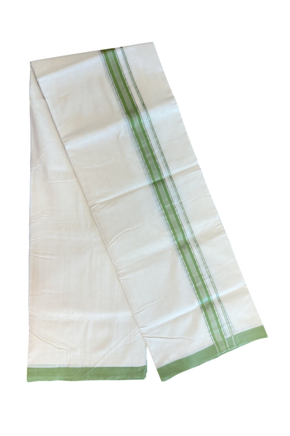 27% DISCOUNT! KaithariKada BALARAMAPURAM HANDLOOM UNAKKUPAAV - 100% PURE Cotton Off white (Unbleached) Double Mundu/Dhoti - 1 inch Silver Kasavu &  Light Green Kara (8 Muzham) - 21KK5161SOM
