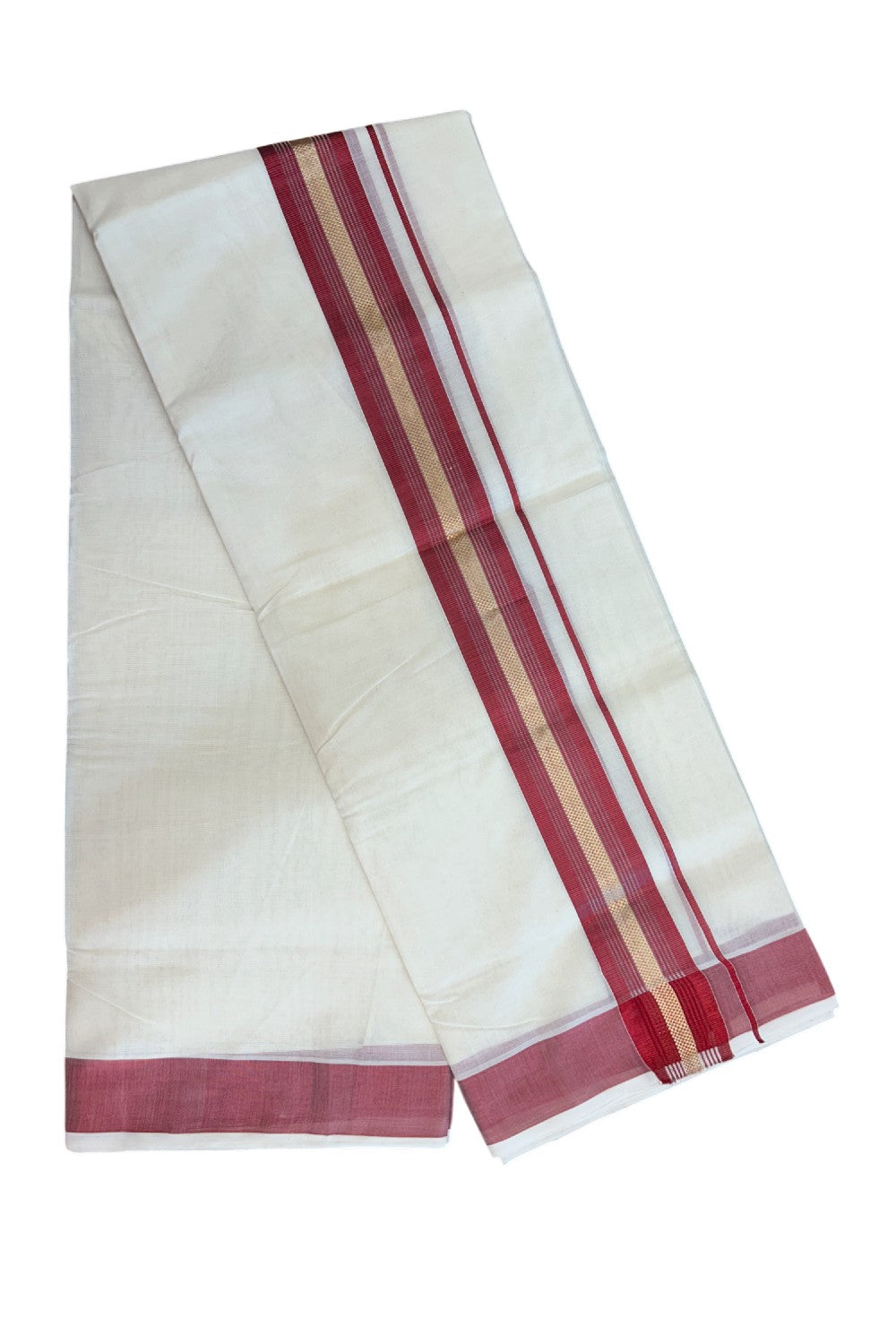 27% DISCOUNT!! KaithariKada HANDLOOM millpaav Balaramapuram - 100% PURE Cotton OFF White - (Unbleached) Double Mundu/Dothi - 2 inch Red colour kasavu  & Gold Kasavu Striped kara - 10KK5162RAM