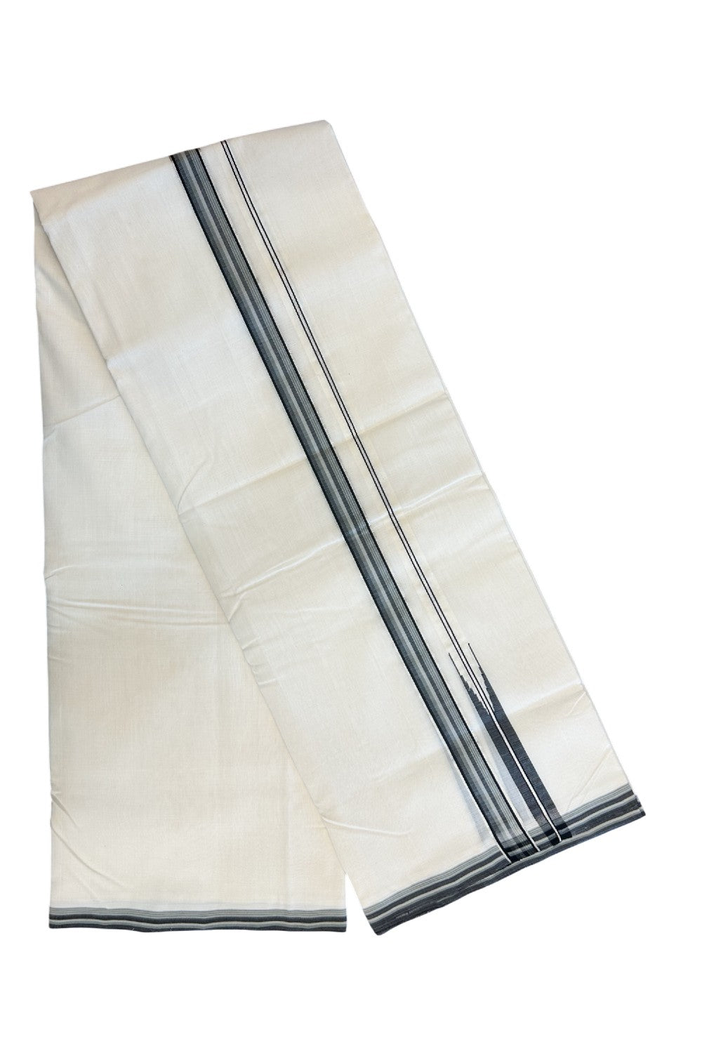 25% DISCOUNT!! KaithariKada HANDLOOM  UNAKKUPAAV Balaramapuram - 100% PURE Cotton OFF White - (Unbleached) Double Mundu/Dothi - 100X100 - 1 inch Silver kasavu Puliyilakkara Black & Sage grey stripes chutty 3.80 meter (8.5 Muzham) - 6KK5167REA