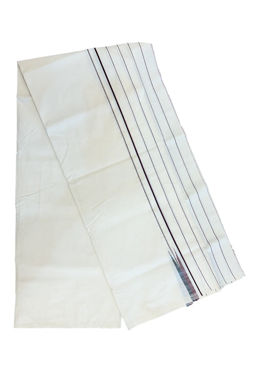 DMK Veshti - KaithariKada Balaramapuram 100% COTTON SINGLE OFF WHITE- (Unbleached) Mundu/Dhoti-100X100 - 6 inch Puliyilakkara Striped Maroon & Black Chutty (2 meter / 4 muzham) - 5KK5168ASH