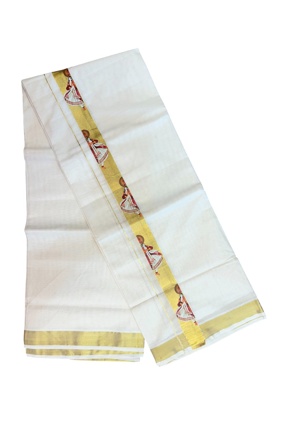 23% Discount!! KaithariKada Balaramapuram Mixed Cotton DOUBLE OFF WHITE - (Ubleached) Mundu/Dhoti - 80x72 - 1.25 inch Kasavu & Kathakali Printed Design Kara - 5KK5171GAN