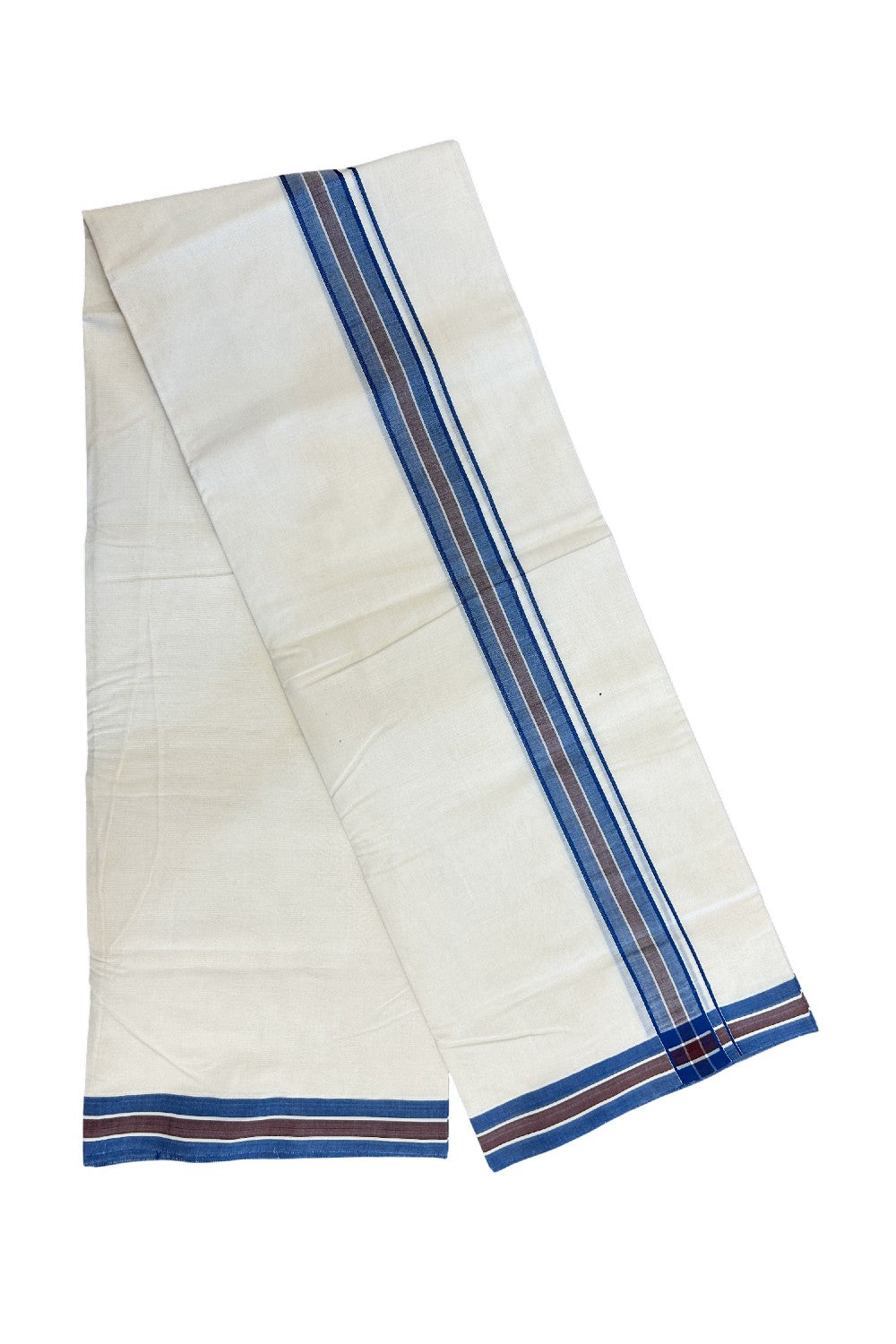 15% Discount KaithariKada Balaramapuram 100% Cotton Double Off white - (Unbleached) - Mundu/Dhoti - 100x100 - 1.5 inch Blue & Brown Striped Kara - 5KK5178ASH