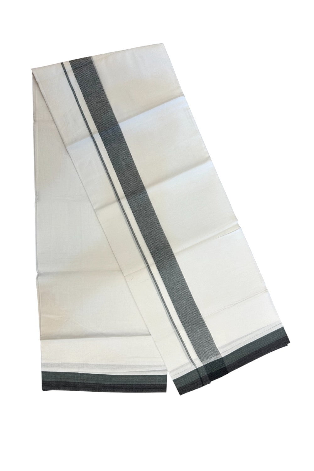 20% Discount ! Kaitharikada Balaramapuram 100% Cotton PURE WHITE Double Mundu/Dothi - 100x80 - 1.5 inch Dark Ocean Green & Black Striped Kara - 5KK5183VIN