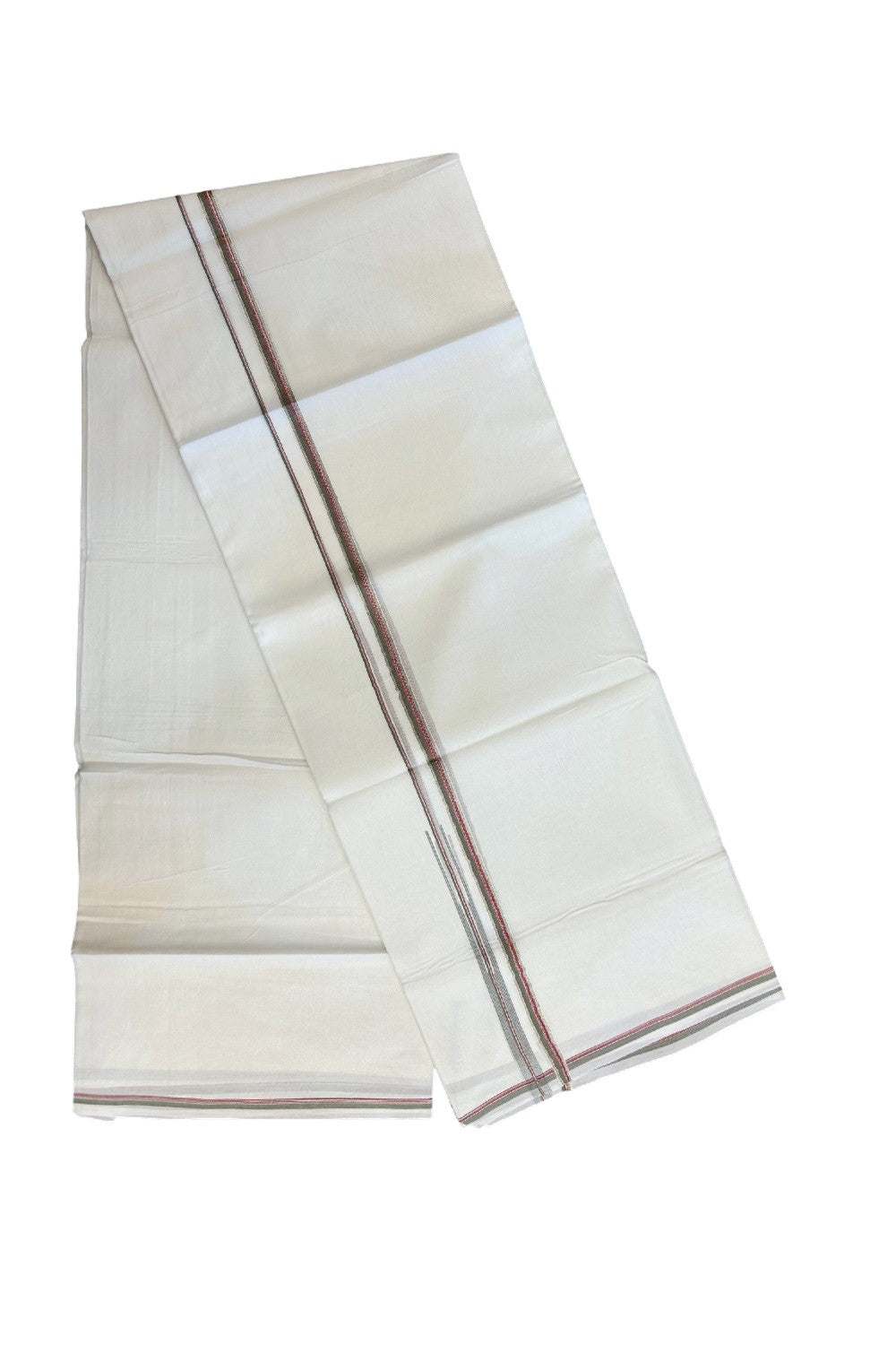 20% Discount !! Kaitharikada Balaramapuram 100% Cotton PURE WHITE DOUBLE Mundu/Dothi- 100X80 Thread - 0.25 inch - Silver Kasavu Red & Light Olive Green Design Chutty Kara - 5KK5184RAMS
