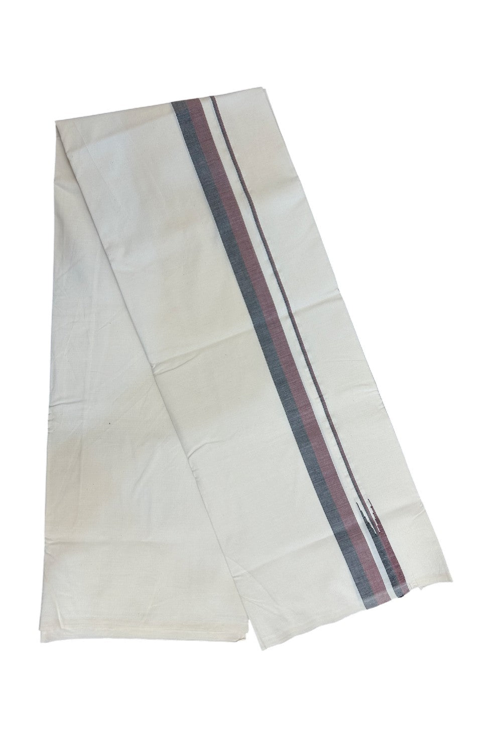 DMK Veshti - 20% Discount !! KaithariKada Balaramapuram 100% COTTON SINGLE OFF WHITE- (Unbleached) Mundu/Dhoti-100X100 -1.25 inch Puliyilakkara Maroon & Black Shaded Chutty (2 meter / 4 muzham) - 5KK5185ASH