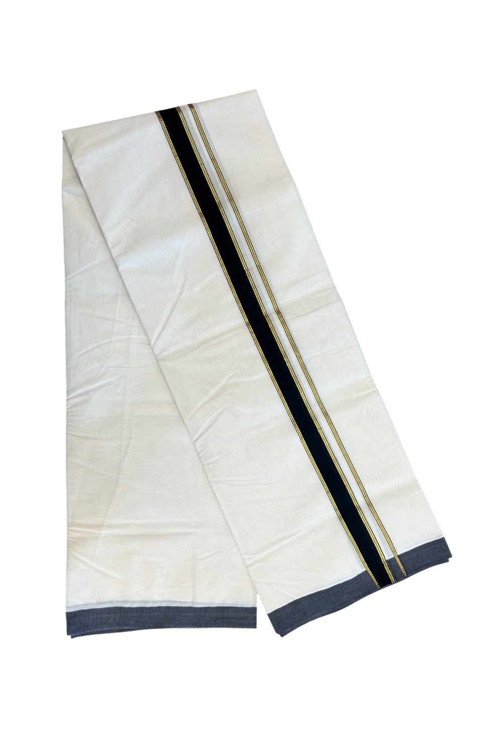 20%Discount KaithariKada Balaramapuram 100% Cotton Double Off white - (Unbleached) - Mundu/Dhoti-100x80 - 1 inch Black & Gold Kasavu Striped Kara 3.75 mtr (8 Muzham)- 5KK5198ASH