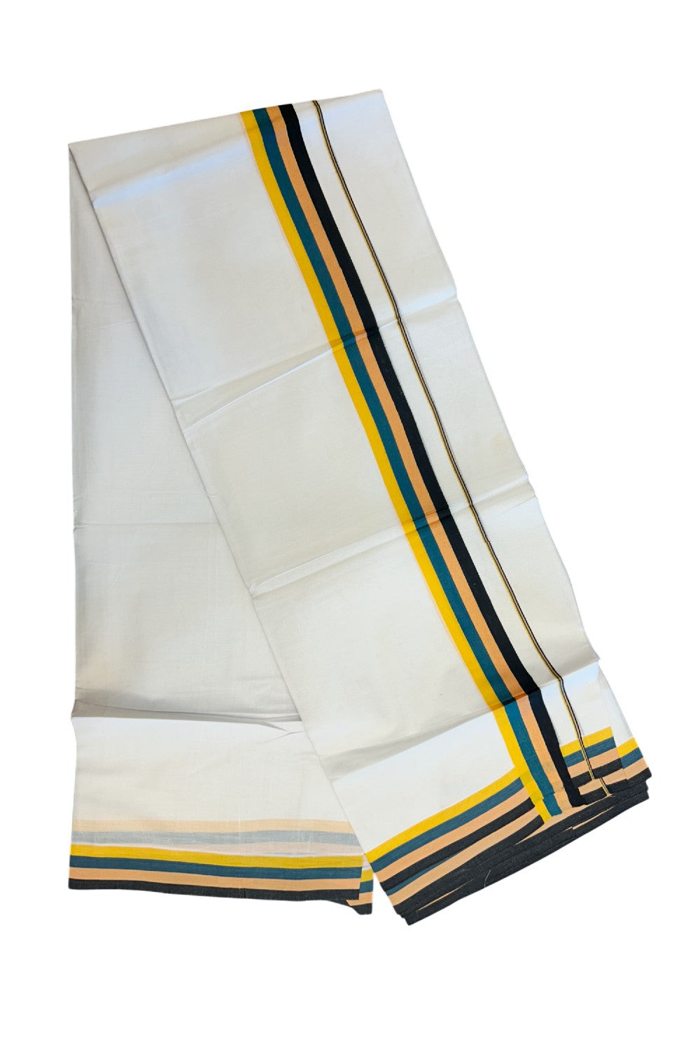 21% DISCOUNT ! KaithariKada Balaramapuram 100% Cotton Pure white Double  Mundu/Dhoti - 100X90 - 1.75 inch Multi Colour kara - 5KK5202PMC