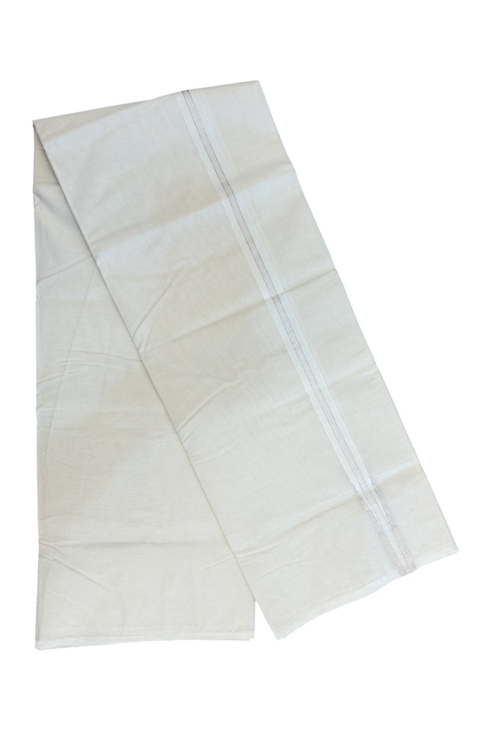 20% Discount! KaithariKada Balaramapuram 100% Cotton Double Off white - (Unbleached) Mundu/Dhoti-(100X100)- 0.75 inch Puliyilakkara Silver Striped Chutty Kara- 5KK5207ASH