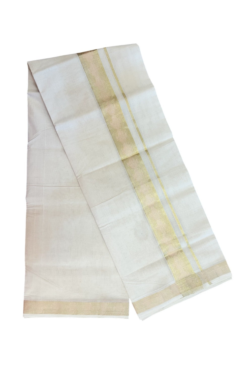 25% DISCOUNT ! KaithariKada HANDLOOM UNAKKUPAAV Balaramapuram - 100% PURE Cotton Off White - (Unbleached) Double Mundu/Dhoti - 1.75 inch Gold Kasavu Shankh Design Kara - 5KK5208ABH