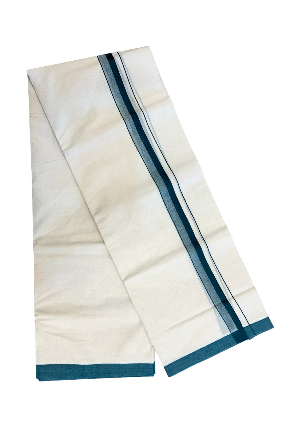 24% Discount ! KaithariKada Balaramapuram 100% Cotton Double OFF WHITE- (Unbleached) - Mundu / Dhoti- 100x80 - 1.5 inch Dark Green Kara - 5KK5214 MC
