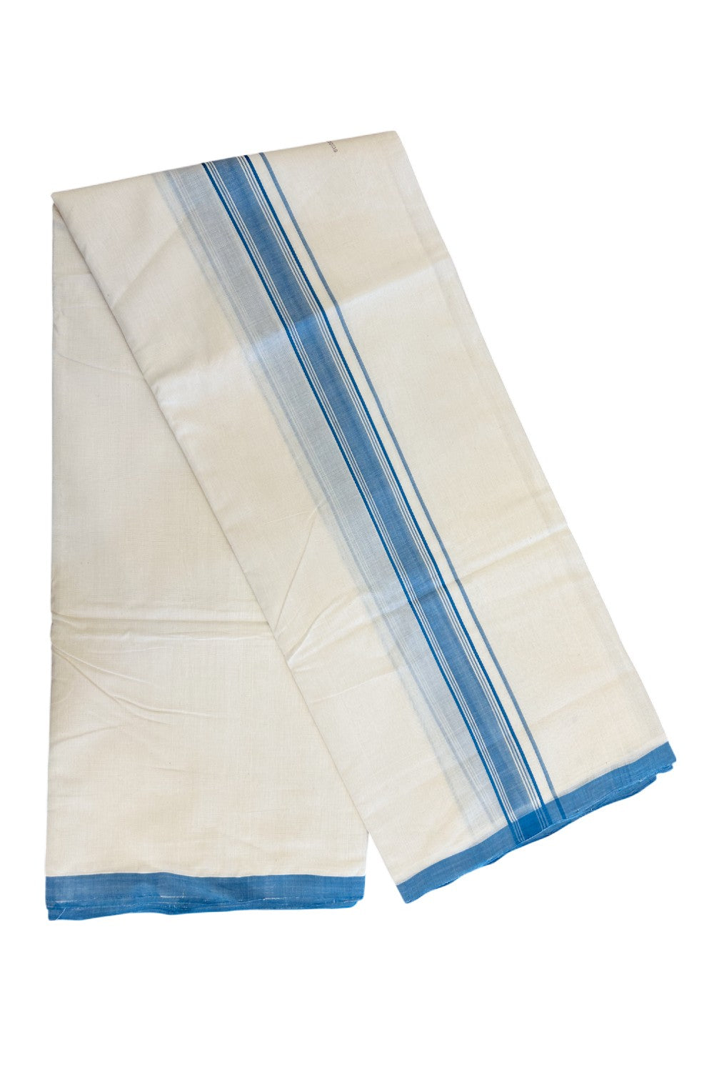 PREMIUM HANDLOOM-20% DISCOUNT! KaithariKada  Cotton OFF White - 100x80 thread-  NORTH INDIAN ATTACHED GAMCHA - 9X5 & 10X6 muzham Dhoti - 1.5 inch Blue Border - 5KK5223VEL