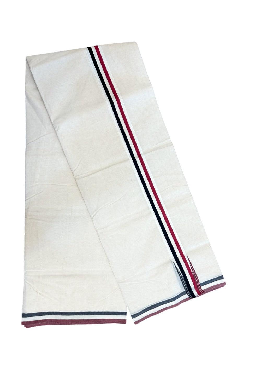 ADMK VESHTI - 20% DISCOUNT! KaithariKada 100% Cotton off white Double - (Unbleached) Mundu/Dhoti - 100X100 - 1.5 inch Black White & Maroon Red Wings Chutty kara - 5KK5226 ASH