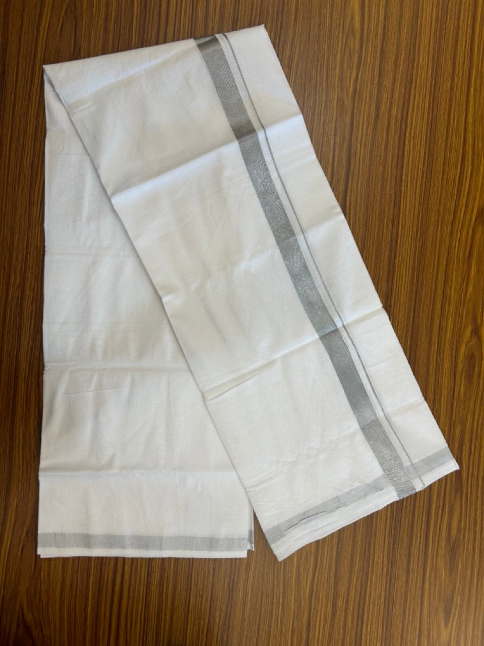 24% Discount !! KaithariKada Balaramapuram 100% Cotton Pure white Single Mundu/Dhoti - Twisted 60s Thread- 1 inch Silver Kara (2 meter / 4 muzham) - 5 KK5245 GL