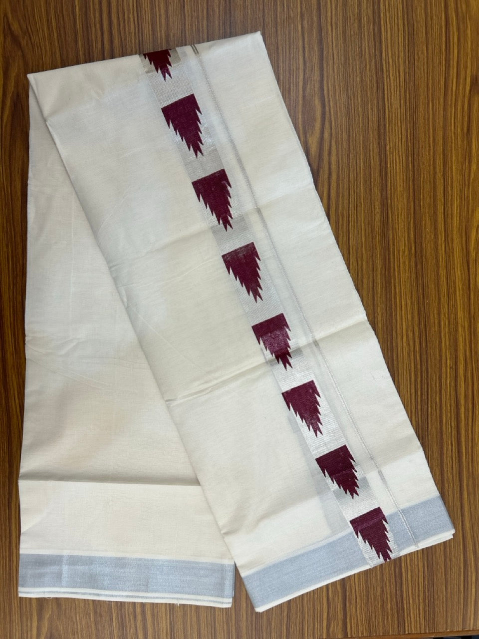 KaithariKada 100% Cotton Double 4 meter Off white - (Ubleached) Mundu / Dhoti - 100x80 1.5 inch Silver Kasavu & Maroon Temple Printed - 5 KK5262 MUT