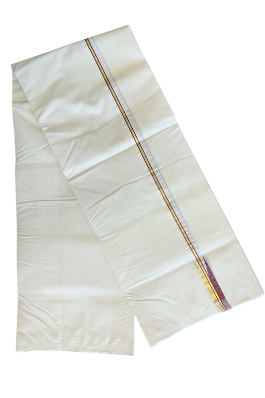 30% DISCOUNT!! KaithariKada HANDLOOM MILLPAAV Balaramapuram - 100% PURE Cotton OFF White - (Unbleached)  Double Mundu/Dothi - 2 cm Kasavu & Red Chutty Puliyilakkara - 5KK65RAM
