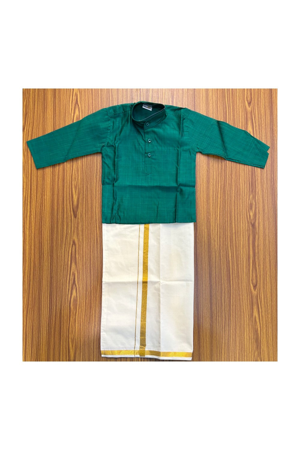 10% DISCOUNT !!! Yuvraj-Traditional South Indian Kids Cotton Kurta & Mund- Green Kurta Off white Kasavu Mund Age 1- 5KK91YUV1.