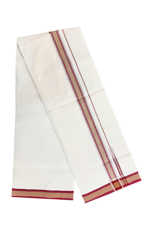 30% DISCOUNT! KaithariKada BALARAMAPURAM HANDLOOM Unakkupaav- 100% PURE Cotton 100x100 Double Mundu/Dhoti OFF WHITE (Unbleached) - PULIYILAKKARA SILVER Kasavu & MAROON & CREAM COLOUR 1.5 inch KARA- 5RAM24