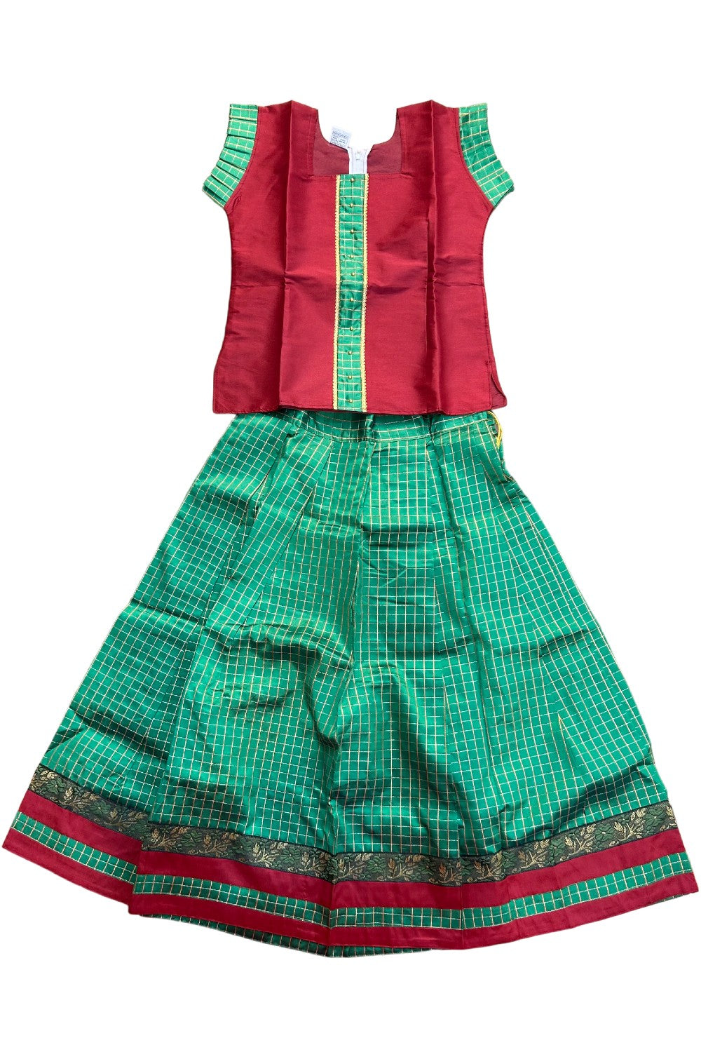 Midukki-Traditional South Indian Kids Pattu Pavada- Maroon top green check skirt - Age 10 - KK10MID005