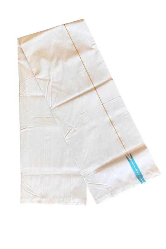 30% DISCOUNT! KaithariKada BALARAMAPURAM HANDLOOM Millpaav- 100% PURE Cotton 100x100 Double Mundu/Dhoti OFF WHITE -  (Unbleached) PULIYILAKKARA Gold  Kasavu & GREEN +  Blue 1.cm Chutty KARA-KK53RAM -5.