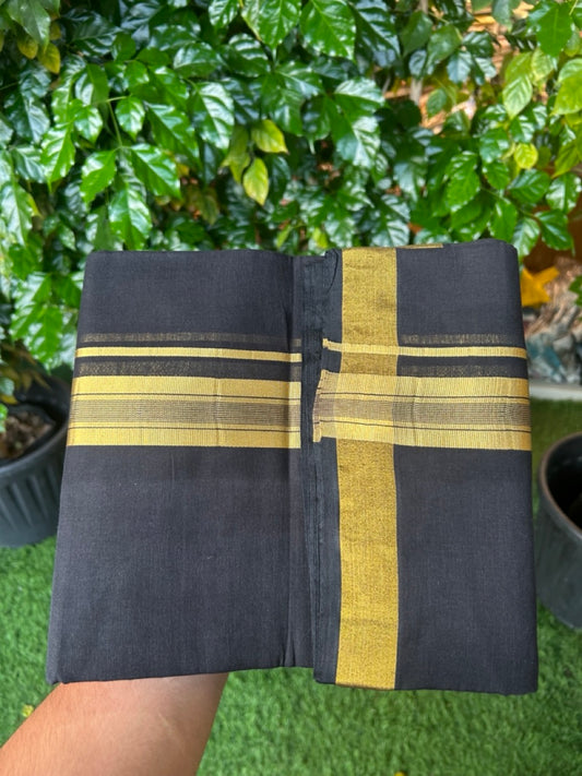 25% Discount! KaithariKada Handloom Unakkupaav Balaramapuram - Pure Cotton Double Mundu/Dhoti (Unbleached) - 80x90s - Black Colour Body - 1.5 inch Gold Kasavu Striped Kara - 92 KK5256 RAM
