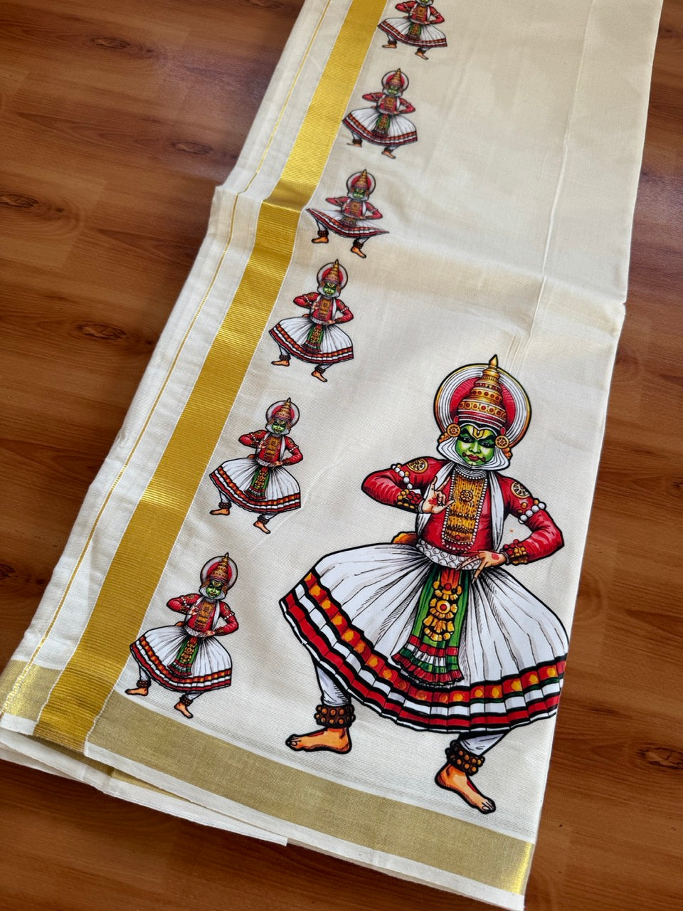 Double Off White - Kathakali Print - (Unbleached) Mundu/Dhoti- 20% Discount!! KaithariKada Mixed Cotton 60s - 1 inch Gold Kasav with Printed Design Kara - 7 KK5474 GAN