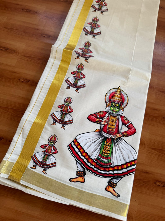 Double Off White - Kathakali Print - (Unbleached) Mundu/Dhoti- 20% Discount!! KaithariKada Mixed Cotton 60s - 1 inch Gold Kasav with Printed Design Kara - 7 KK5474 GAN