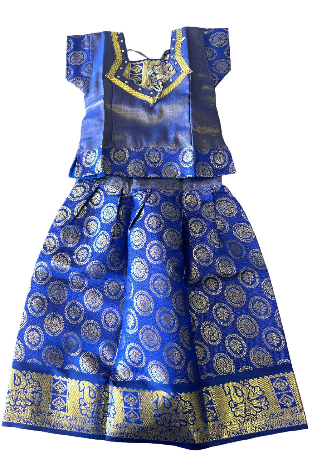 Midukki-Traditional South Indian Kids Pattu Pavada- Blue tissue top blue brocade skirt - Age 4 - KK4MID005