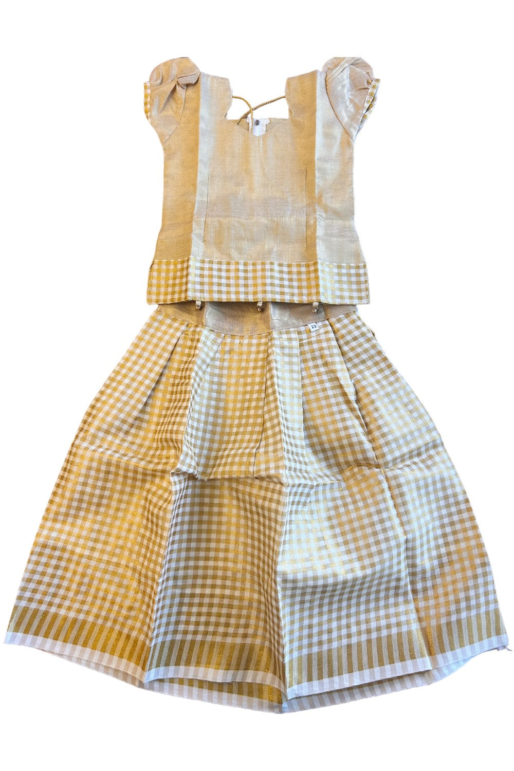 Midukki-Traditional South Indian Kids Pattu Pavada- Golden jerry top offwhite check skirt- Age 5 - KK5MID005