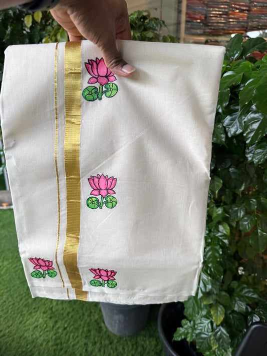 KaithariKada Balaramapuram 100% Cotton Double Off white - (Unbleached) Mundu/Dhoti-100x80 - 0.75 inch Hand Painted Gold Kasav Pink Lotus Design Kara 3.75 mtr (8 muzham) - 7 KK5244 ASH