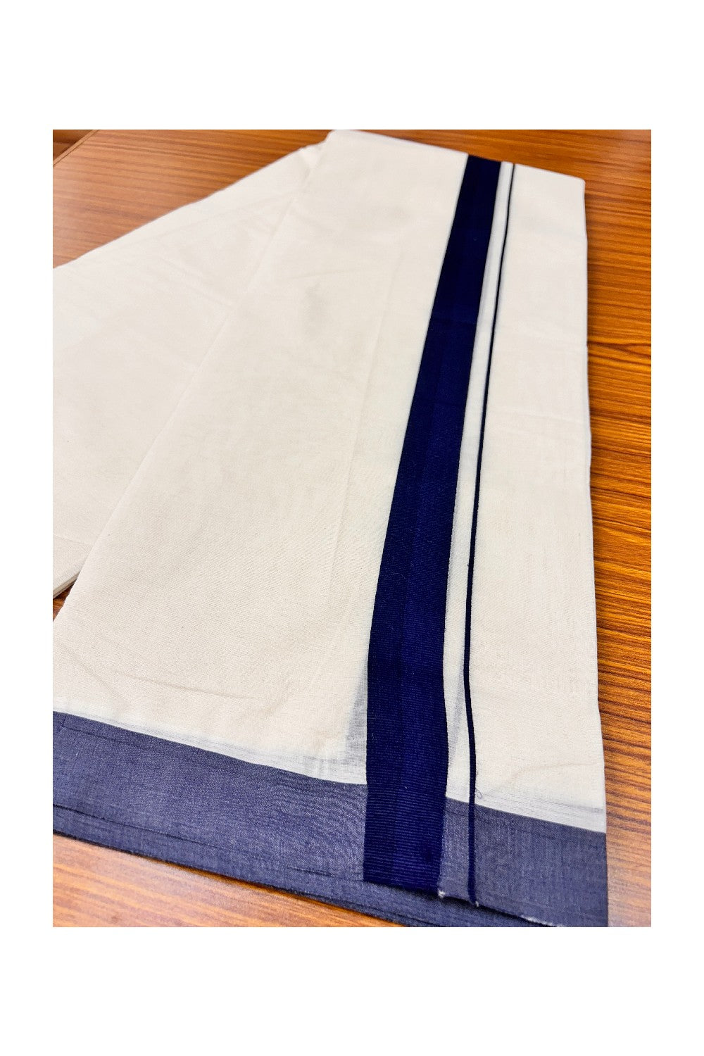 37% Discount! KaithariKada Balaramapuram 100% Cotton Double Off white - (Unbleached) Mundu/Dhoti-100X100-  NAVY BLUE 1.25 inch  Kara.- 5