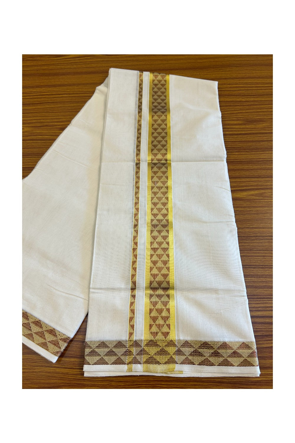 15% Discount!!! KaithariKada HANDLOOM UNAKKUPAAV Balaramapuram - 100% PURE Cotton off white (Unbleached) Double Mundu/Dhoti - 3 inch Kasavu & Maroon triangle pattern kara - 5KK415SOM