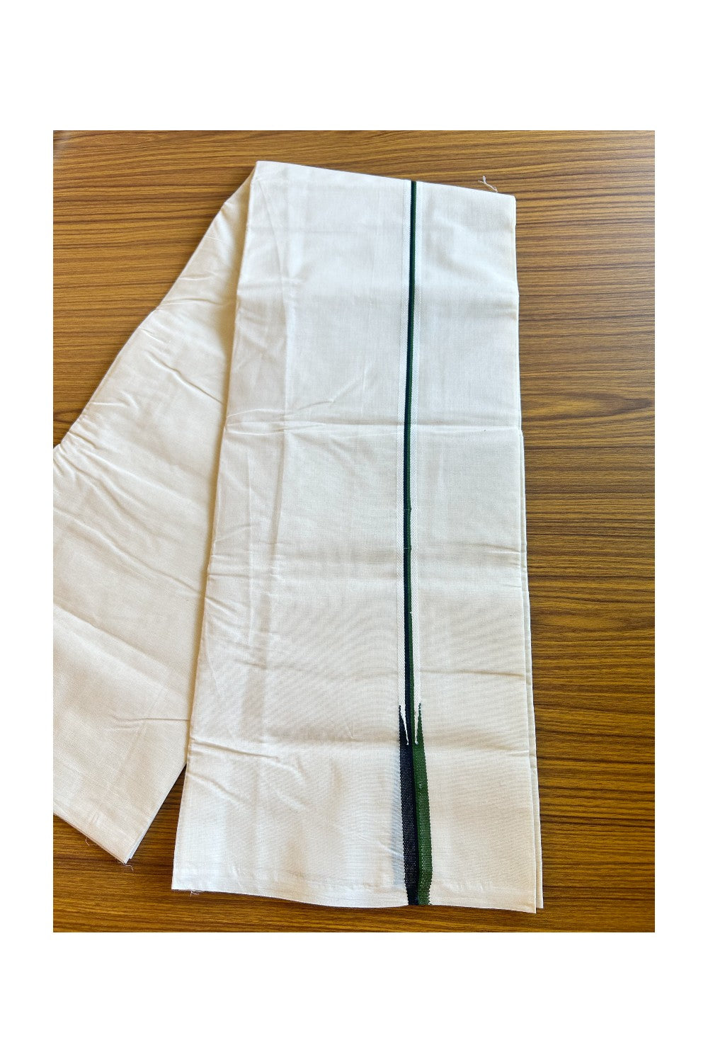 29% DISCOUNT! KaithariKada Balaramapuram 100% Cotton Off white (Unbleached) Double Mundu/Dhoti-100x100  Puliyilakkara Green & BLACK Chutty -  5KK429ASH