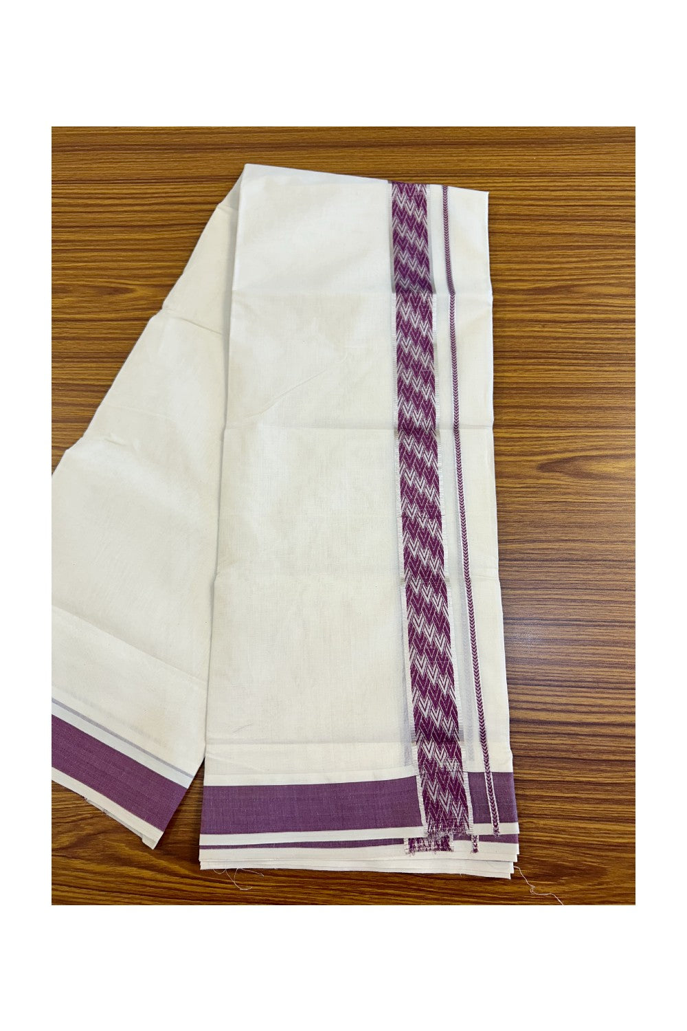21% DISCOUNT ! KaithariKada Balaramapuram 100%  Cotton off white (Unbleached) Double  Mundu/Dhoti - 100X100 Silver kasavu & Magenta designer kara - 5KK457VIN