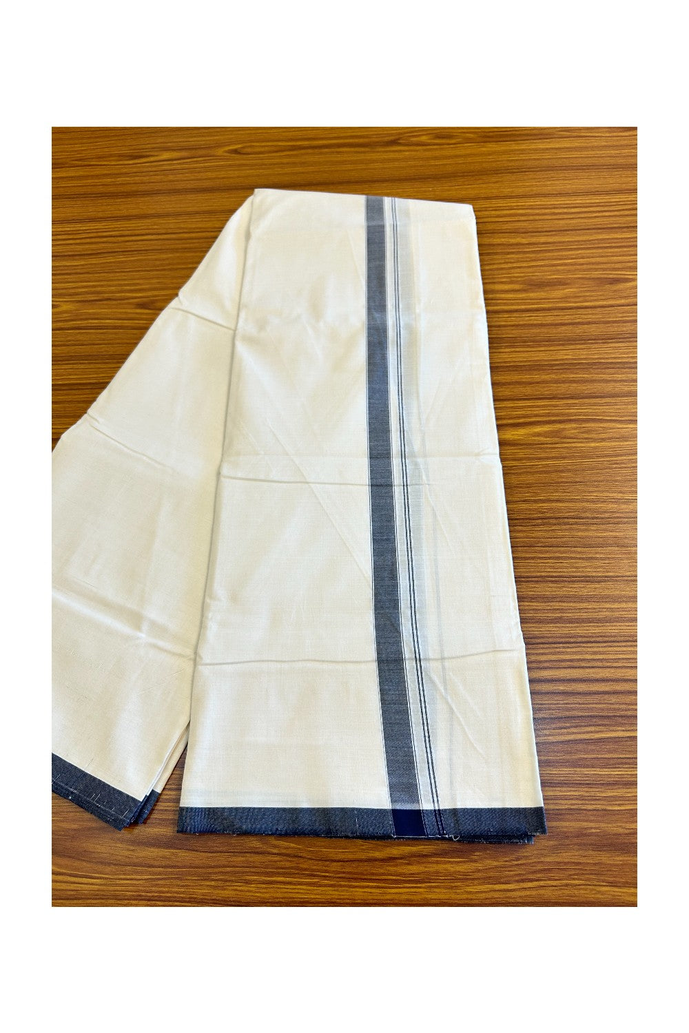 120X120 PREMIUM Kaitharikada Exclusive - 25% DISCOUNT! BALARAMAPURAM HANDLOOM Unakkupaavu - 100% PURE Cotton Double Mundu/Dhoti OFF WHITE (Unbleached) - 1.25 inch Black Striped Kara - 5KK477KAL