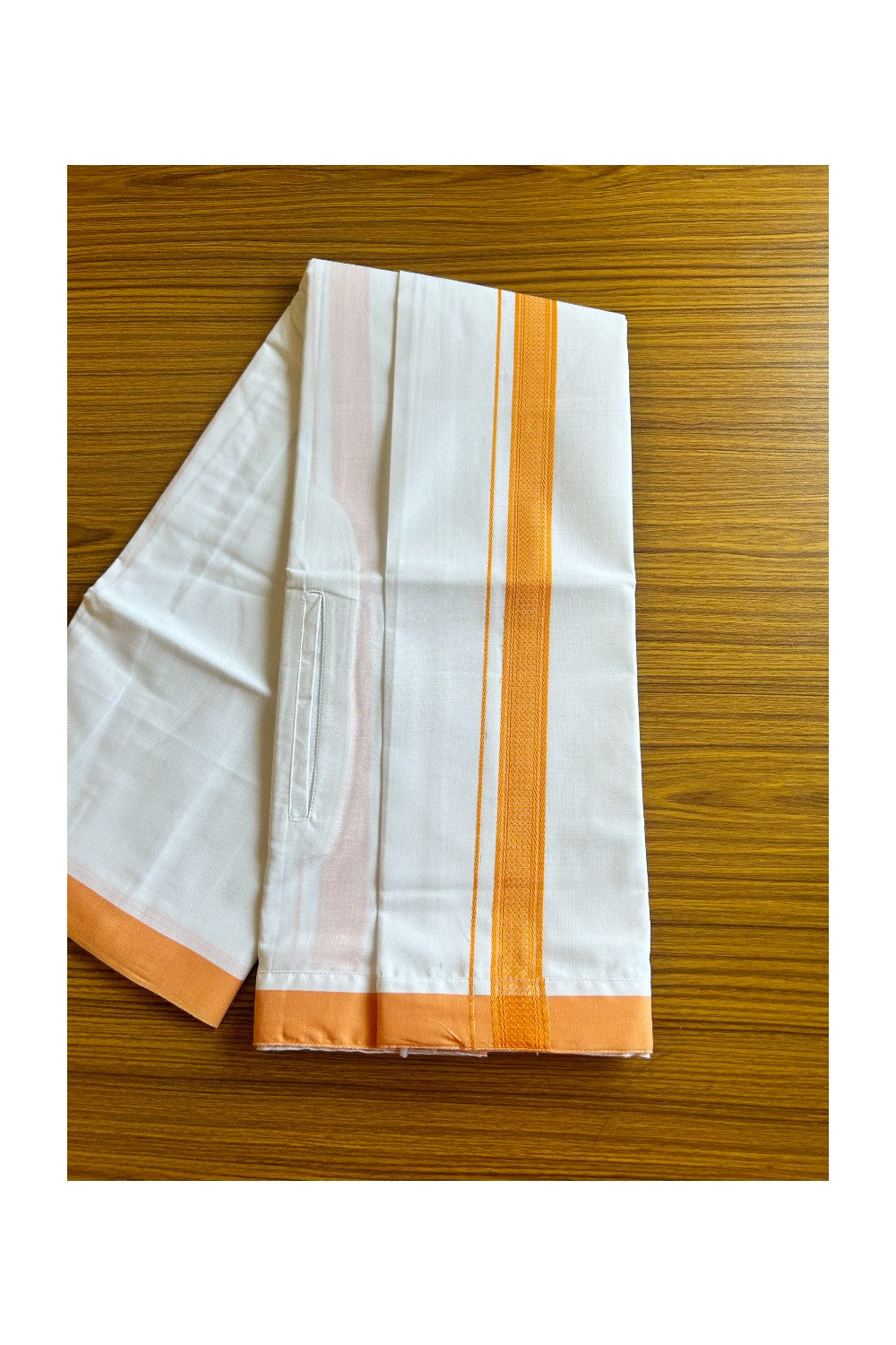 KaithariKada Balaramapuram  COTTON SINGLE PURE WHITE VELCRO Mundu/Dhoti  - 1.75inch Orange kara (2 metre / 4 muzham)- 5KK485SRI