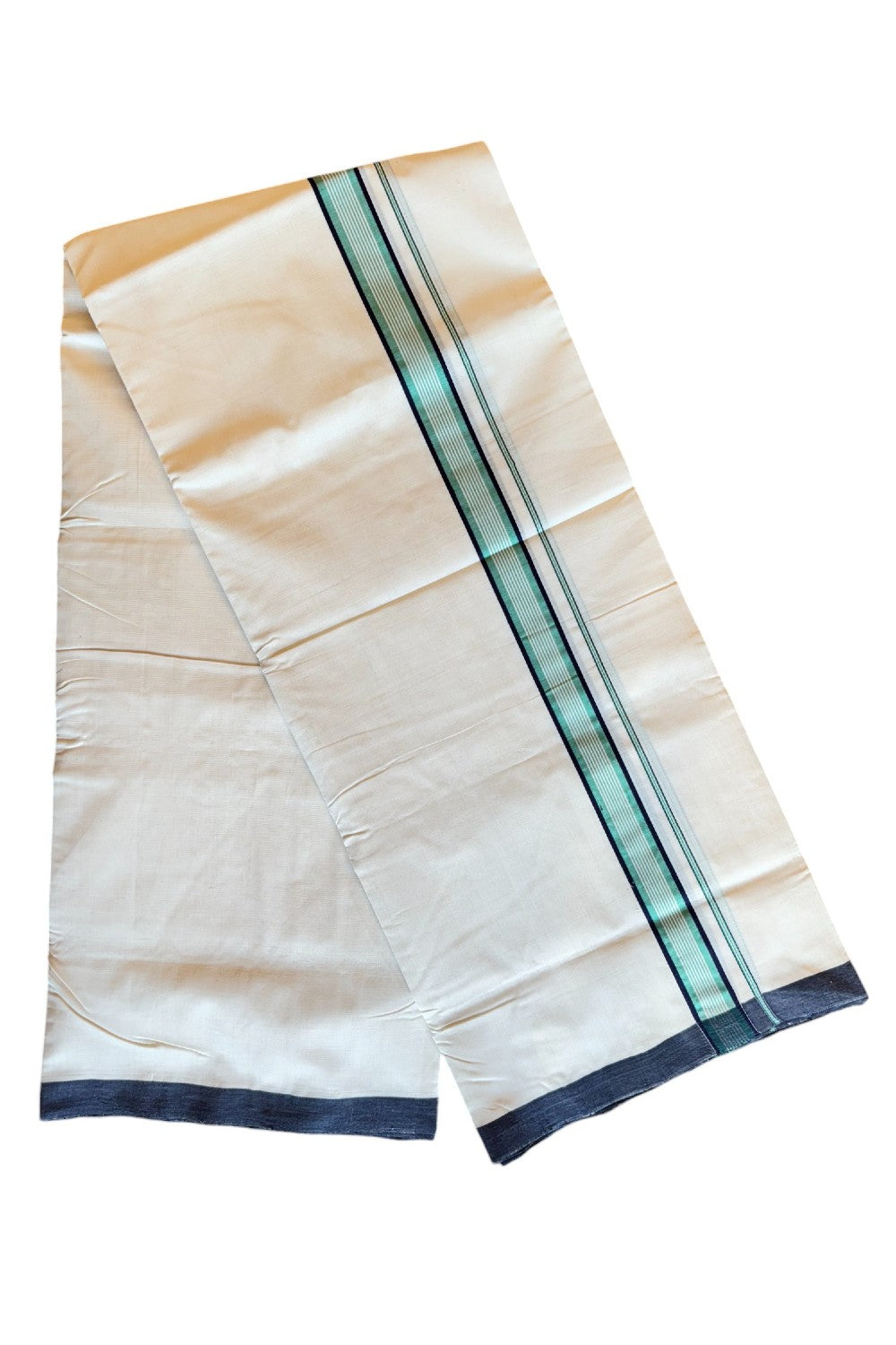 30% DISCOUNT!! KaithariKada HANDLOOM UNAKKUPAAV Balaramapuram - 100% PURE Cotton OFF White - (Unbleached) Double Mundu/Dothi - 1.75 inch Blue Black Turquoise Stripes Mulloth Kara 4.5 Meters (10 Muzham) - 5KK494SOM