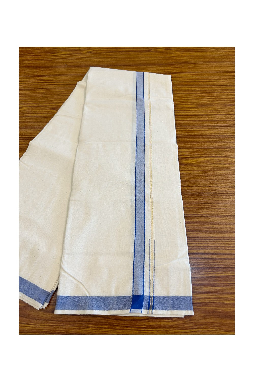30% Discount KaithariKada 100% Cotton Balaramapuram HANDLOOM Single Mundu/Dhoti - Off White - (Unbleached) Puliyilakara chutty Kasavu & 0.5 inch Blue Kara (2 meter / 4 muzham) - 5KK499KK.